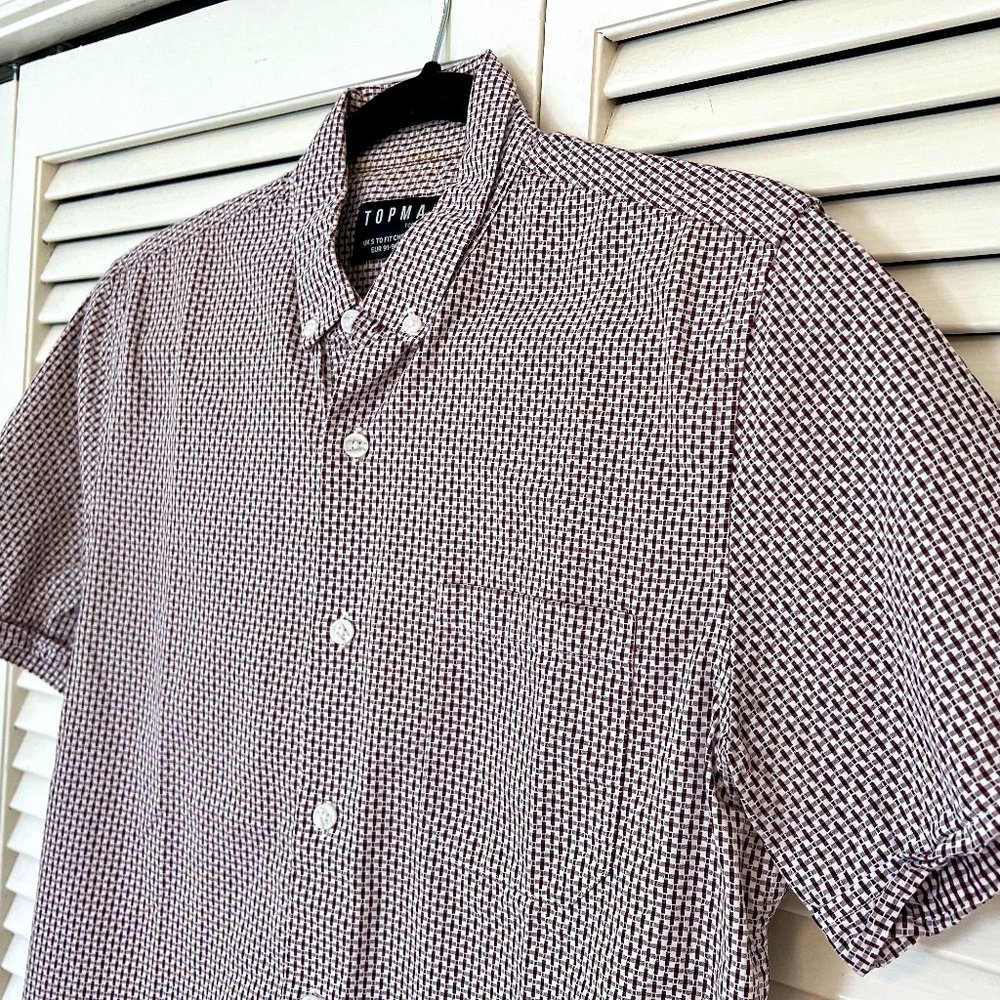 Topman Red/White Check Print Short Sleeve Button-Up Shirt